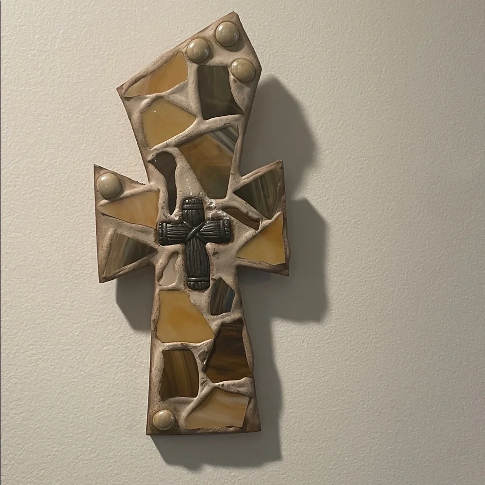 Mosaic Acrylic and Faux Cement Finish Wood Wall Cross Decor
